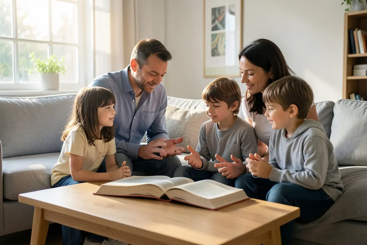Família cristã moderna discutindo sobre generosidade e fé