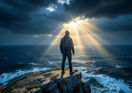 Pessoa em penhasco com luz divina, simbolizando a fé em Habacuque 2:4.