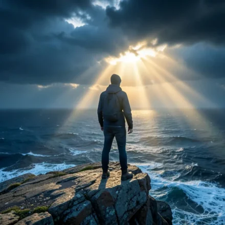 Pessoa em penhasco com luz divina, simbolizando a fé em Habacuque 2:4.