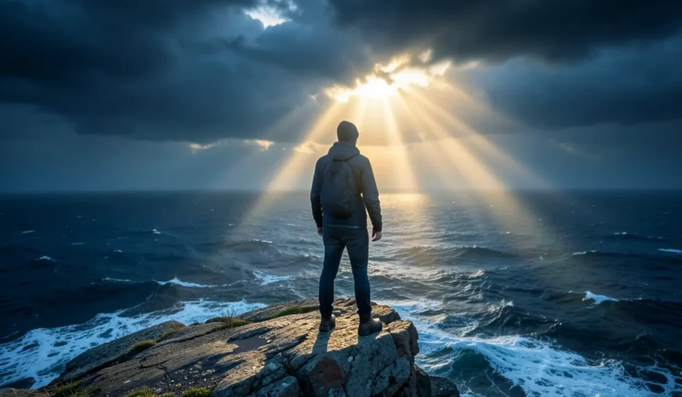 Pessoa em penhasco com luz divina, simbolizando a fé em Habacuque 2:4.