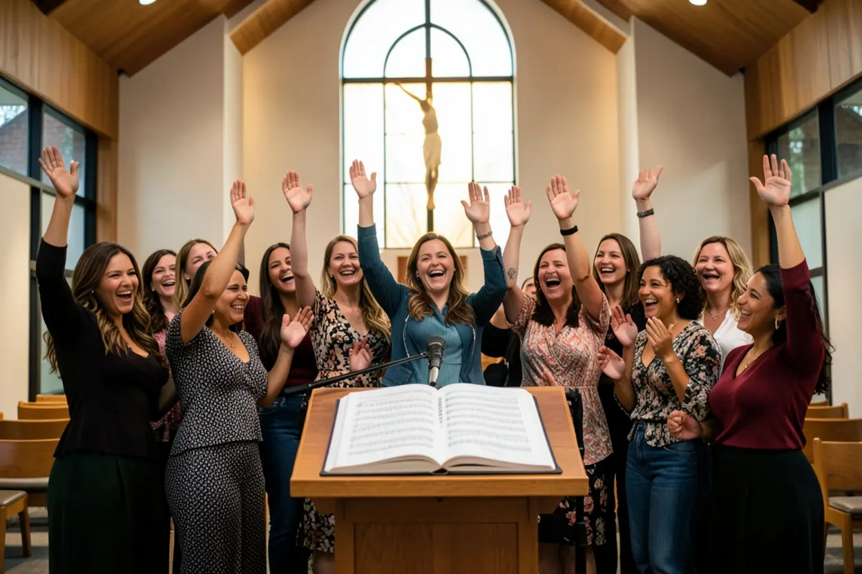Mulheres em oração e estudo da Palavra em um ambiente de ordem e reverência