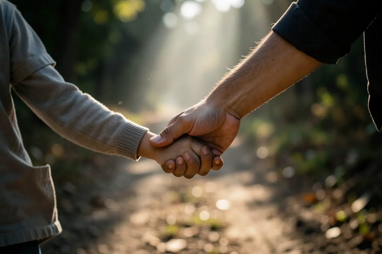 Pai e filho orando juntos superando o cansaço