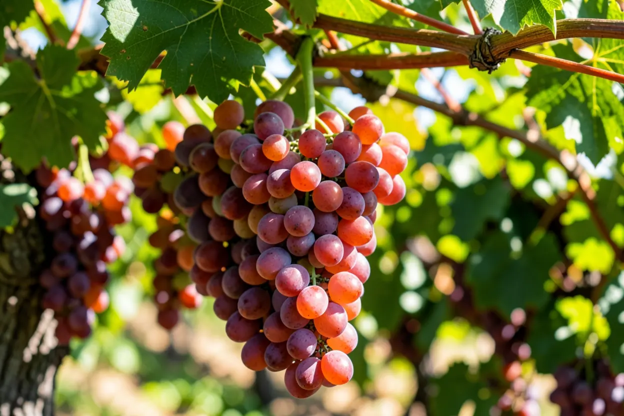 Cacho de uvas na videira, representando os frutos do Espírito.