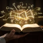 Bíblia aberta com luz e símbolos retóricos, representando homilética e retórica clássica.