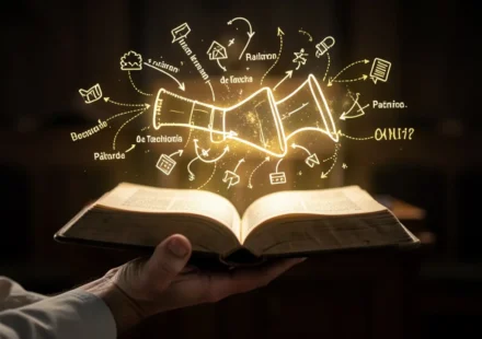 Bíblia aberta com luz e símbolos retóricos, representando homilética e retórica clássica.