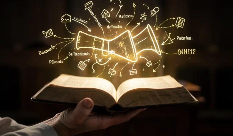 Bíblia aberta com luz e símbolos retóricos, representando homilética e retórica clássica.