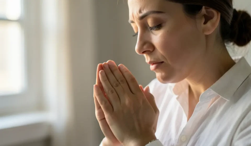 Pessoa orando, simbolizando a humildade cristã de Filipenses 2:3.
