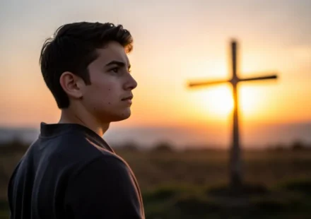 Jovem superando a insegurança e identidade cristã fragilizada, olhando para o horizonte com esperança.