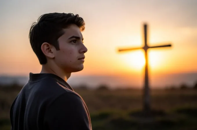 Jovem superando a insegurança e identidade cristã fragilizada, olhando para o horizonte com esperança.