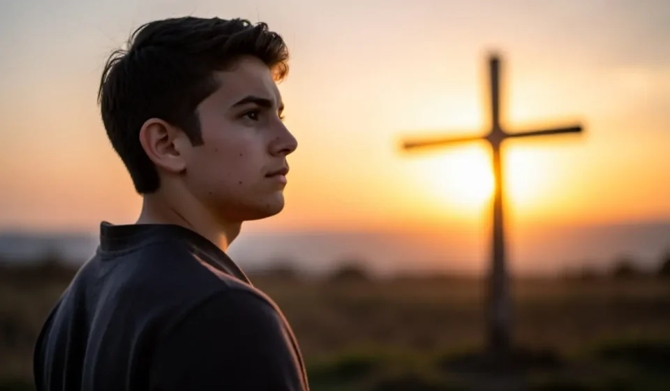 Jovem superando a insegurança e identidade cristã fragilizada, olhando para o horizonte com esperança.