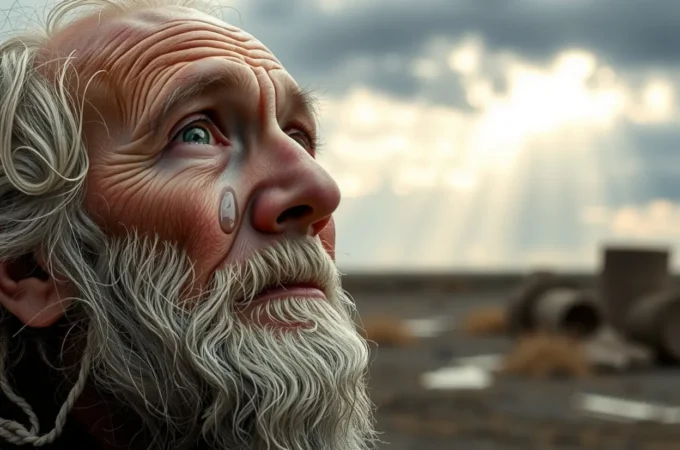 Homem idoso com expressão de fé e resiliência sob céu tempestuoso, representando Jó 1:9.