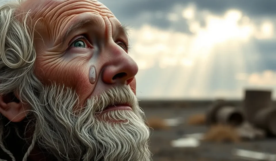 Homem idoso com expressão de fé e resiliência sob céu tempestuoso, representando Jó 1:9.