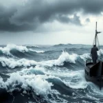 Homem em barco antigo durante tempestade