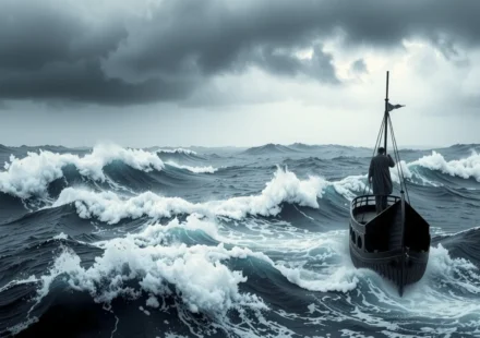 Homem em barco antigo durante tempestade