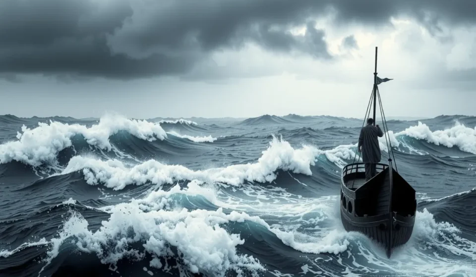 Homem em barco antigo durante tempestade