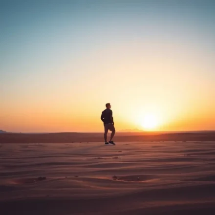 Homem solitário no deserto ao amanhecer, simbolizando a disciplina de Deus.