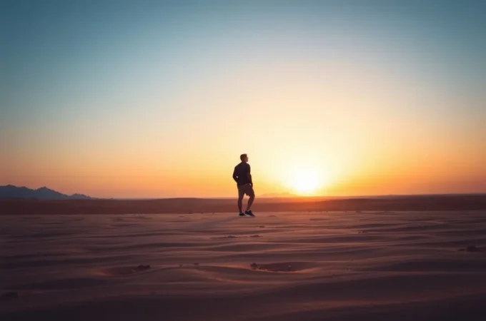 Homem solitário no deserto ao amanhecer, simbolizando a disciplina de Deus.
