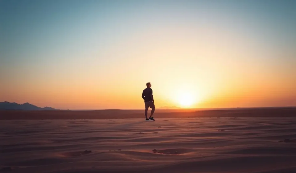 Homem solitário no deserto ao amanhecer, simbolizando a disciplina de Deus.