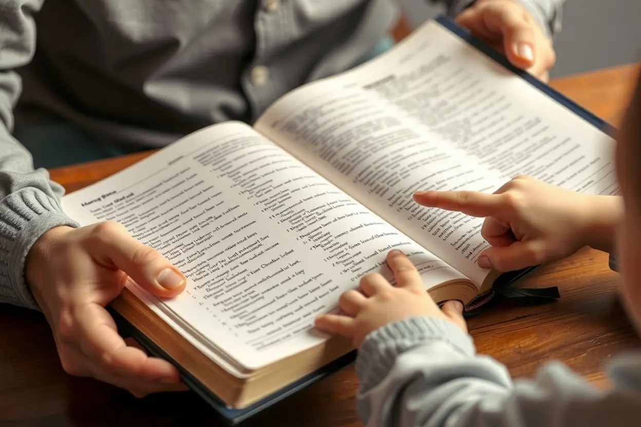 Mãos de um pai e de uma criança sobre uma Bíblia aberta, simbolizando o ensino da Palavra.