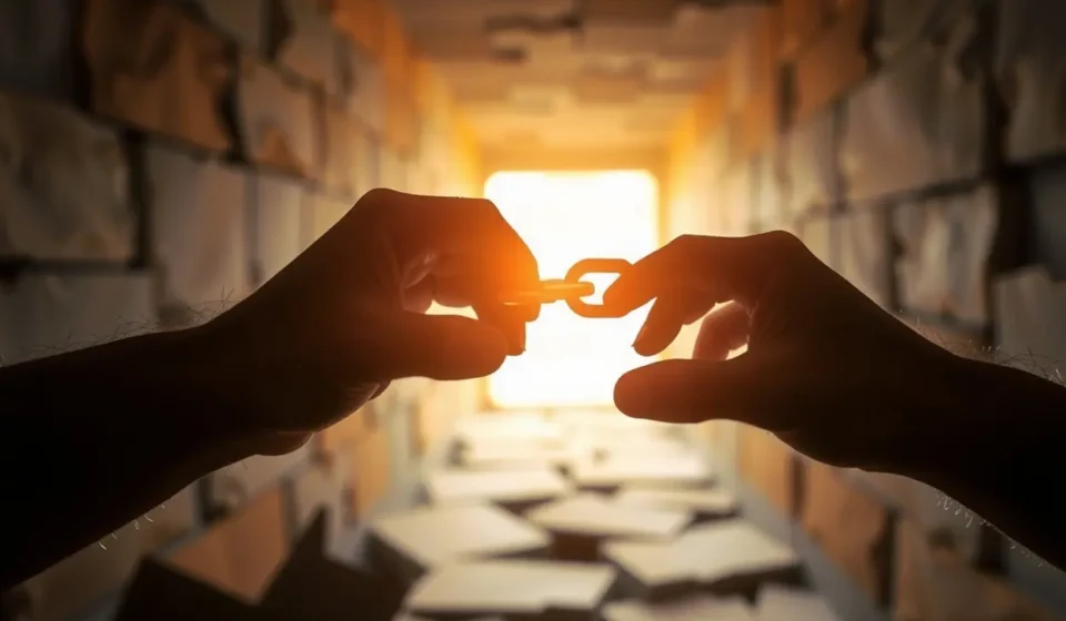 Mãos rompendo uma corrente, simbolizando romper padrões de pecado.