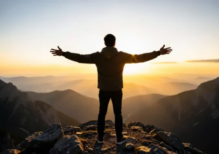 Pessoa em montanha, simbolizando a liberdade em Cristo.