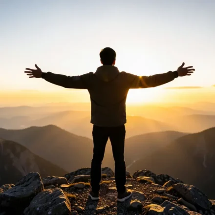 Pessoa em montanha, simbolizando a liberdade em Cristo.