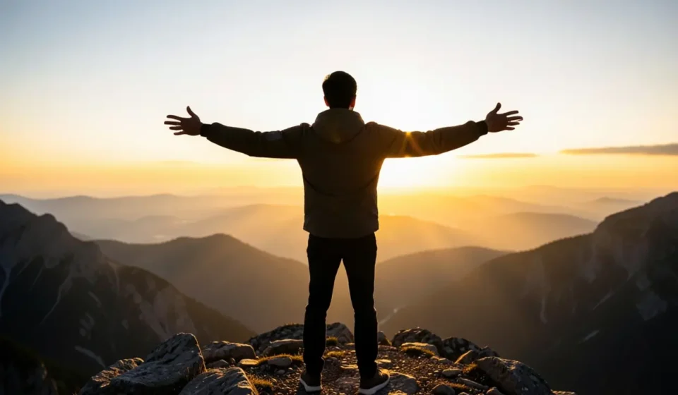 Pessoa em montanha, simbolizando a liberdade em Cristo.