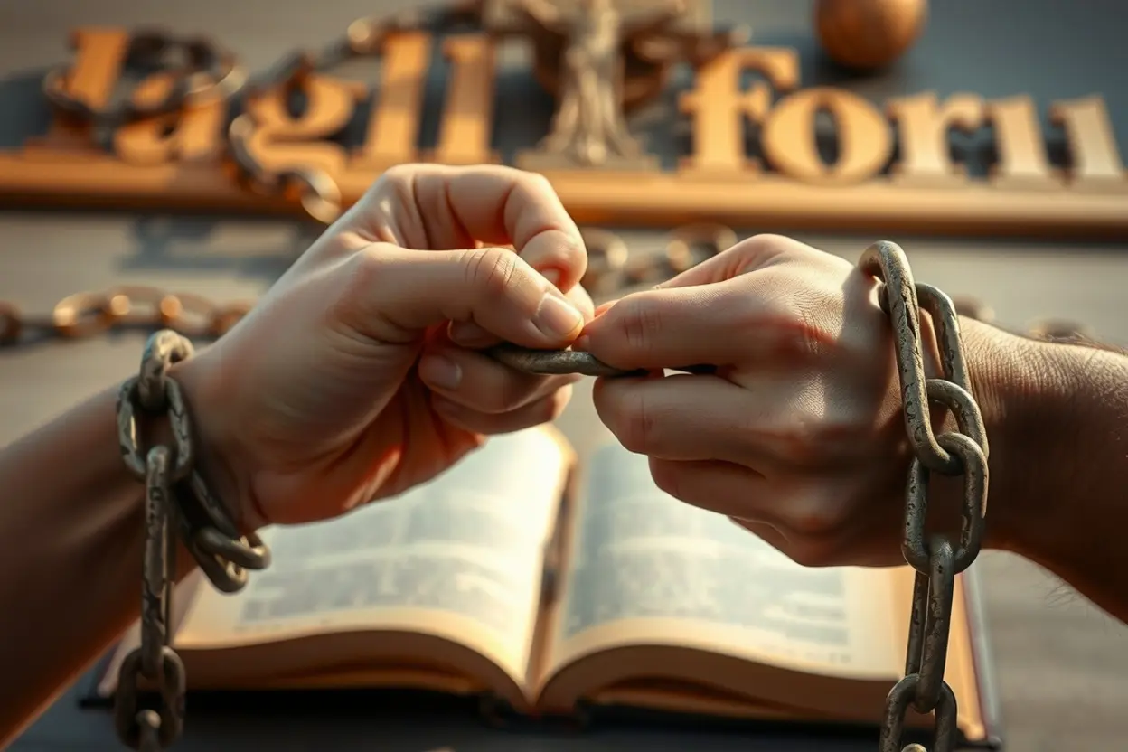 Mãos se libertando de correntes, representando a nova criação em Cristo.