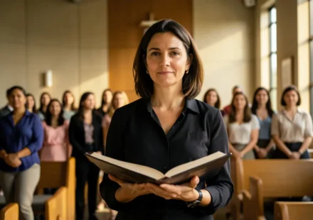 Líder de mulheres com Bíblia aberta, grupo de mulheres ao fundo.