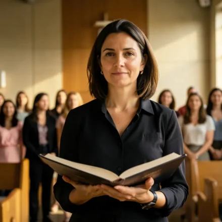 Líder de mulheres com Bíblia aberta, grupo de mulheres ao fundo.