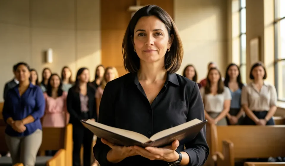 Líder de mulheres com Bíblia aberta, grupo de mulheres ao fundo.