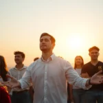 Líder cristão em um ato de serviço, guiando pessoas.