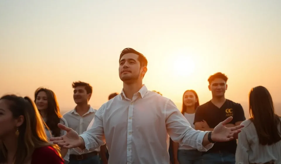 Líder cristão em um ato de serviço, guiando pessoas.