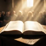 Como Estruturar um Esboço de Pregação Expositiva para Cultos de Ensino Bíblia aberta no púlpito com luz divina, simbolizando o ensino bíblico.