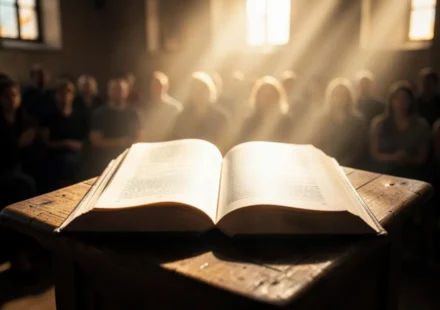 Bíblia aberta no púlpito com luz divina, simbolizando o ensino bíblico.