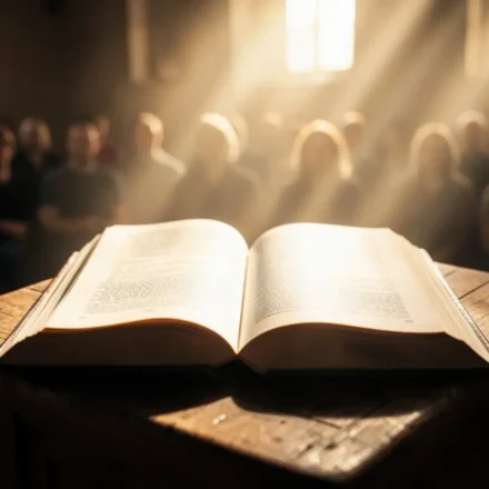 Liturgia e Ordem do Culto de Ensino: Criando um Ambiente de Aprendizado Bíblia aberta no púlpito com luz divina, simbolizando o ensino bíblico.