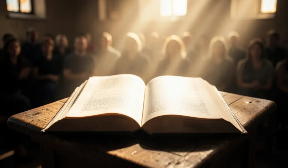 Liturgia e Ordem do Culto de Ensino: Criando um Ambiente de Aprendizado Bíblia aberta no púlpito com luz divina, simbolizando o ensino bíblico.