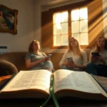 Bíblia aberta, luz divina, mulheres em oração, liturgia, culto de senhoras, ordem, adoração