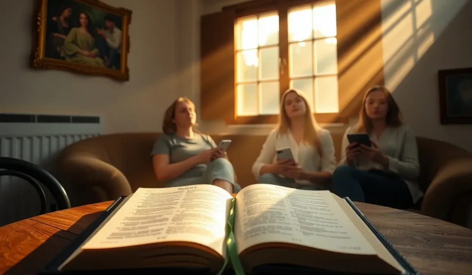 Bíblia aberta, luz divina, mulheres em oração, liturgia, culto de senhoras, ordem, adoração