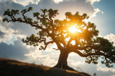Mão de árvore enraizada recebendo luz divina, simbolizando Filipenses 4:13.