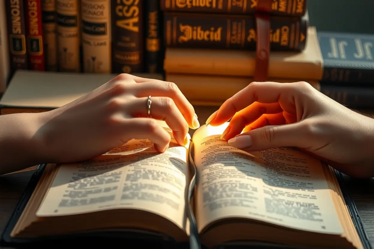 Mãos femininas estudando o texto bíblico original