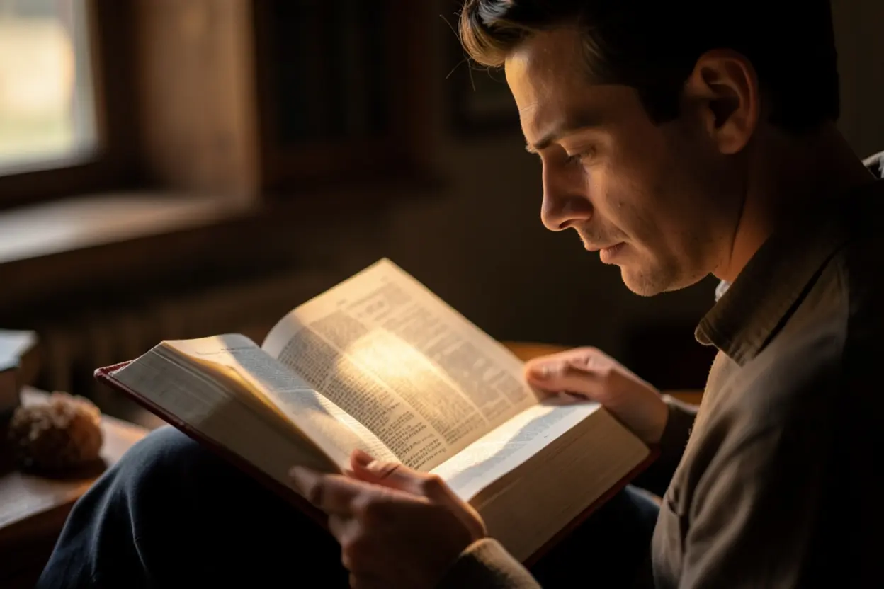 Pessoa lendo a Bíblia em um ambiente tranquilo.