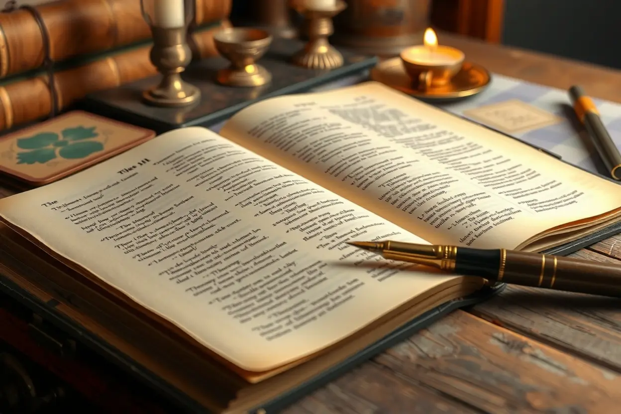 Mesa de estudos com Bíblia aberta, canetas e manuscritos teológicos.