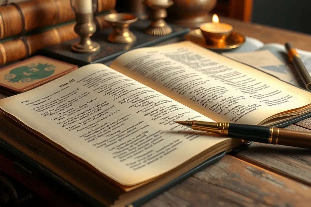 Mesa de estudos com Bíblia aberta, canetas e manuscritos teológicos.