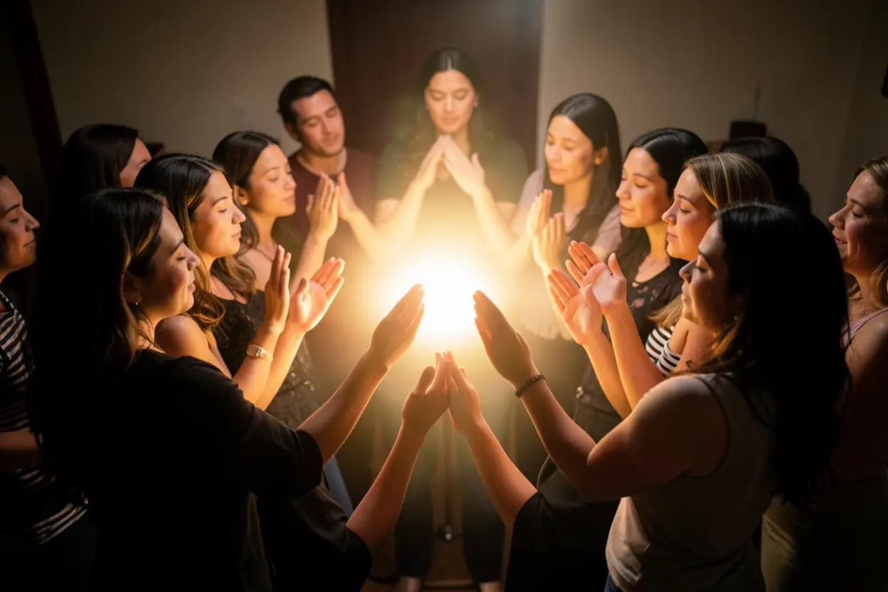 Momento de Oração e Encorajamento Mútuo Mulheres orando juntas em união e comunhão