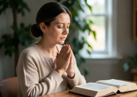 Mulher cristã em oração profunda, buscando a Deus através do jejum.