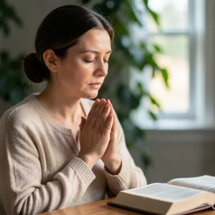 Mulher cristã em oração profunda, buscando a Deus através do jejum.