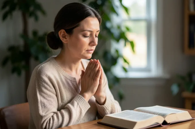 Mulher cristã em oração profunda, buscando a Deus através do jejum.