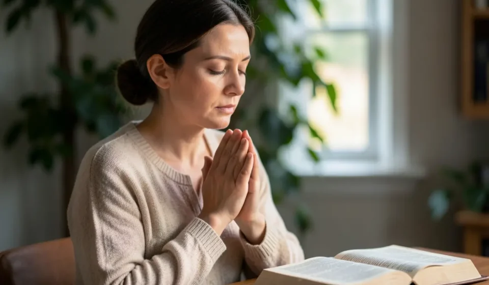 Mulher cristã em oração profunda, buscando a Deus através do jejum.