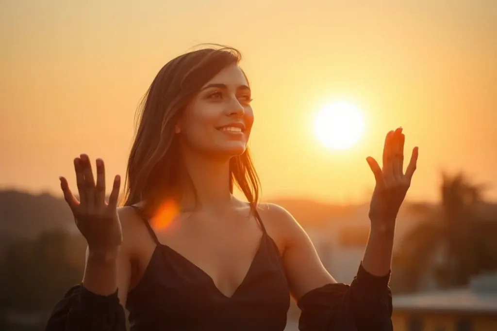 Mulher orando, nascer do sol, propósito feminino, fé, inspiração